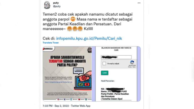 tangkapan layar pengguna twitter yang mengungkap namanya terdaftar sebagai anggota parpol